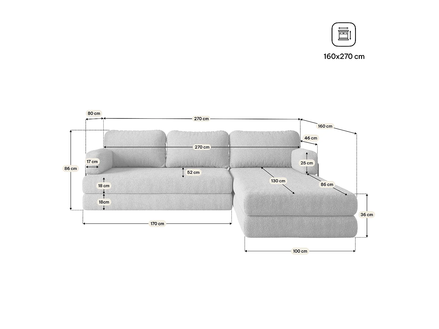 Canapé convertible compressé LEA, avec cadre métallique, bouclé Crème