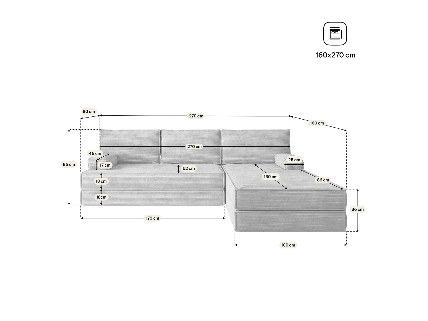 Canapé convertible compressé ANKO, sans cadre métallique, velours côtelé POSO Gris