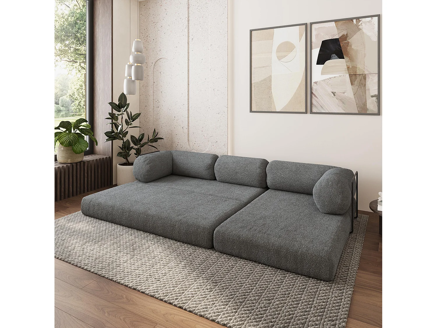 Canapé convertible compressé KELI, avec cadre métallique, bouclé Gris