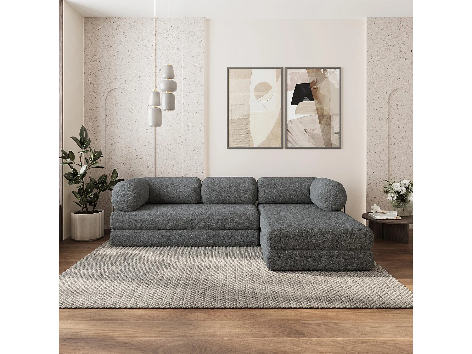 Canapé convertible compressé KELI, avec cadre métallique, bouclé Gris