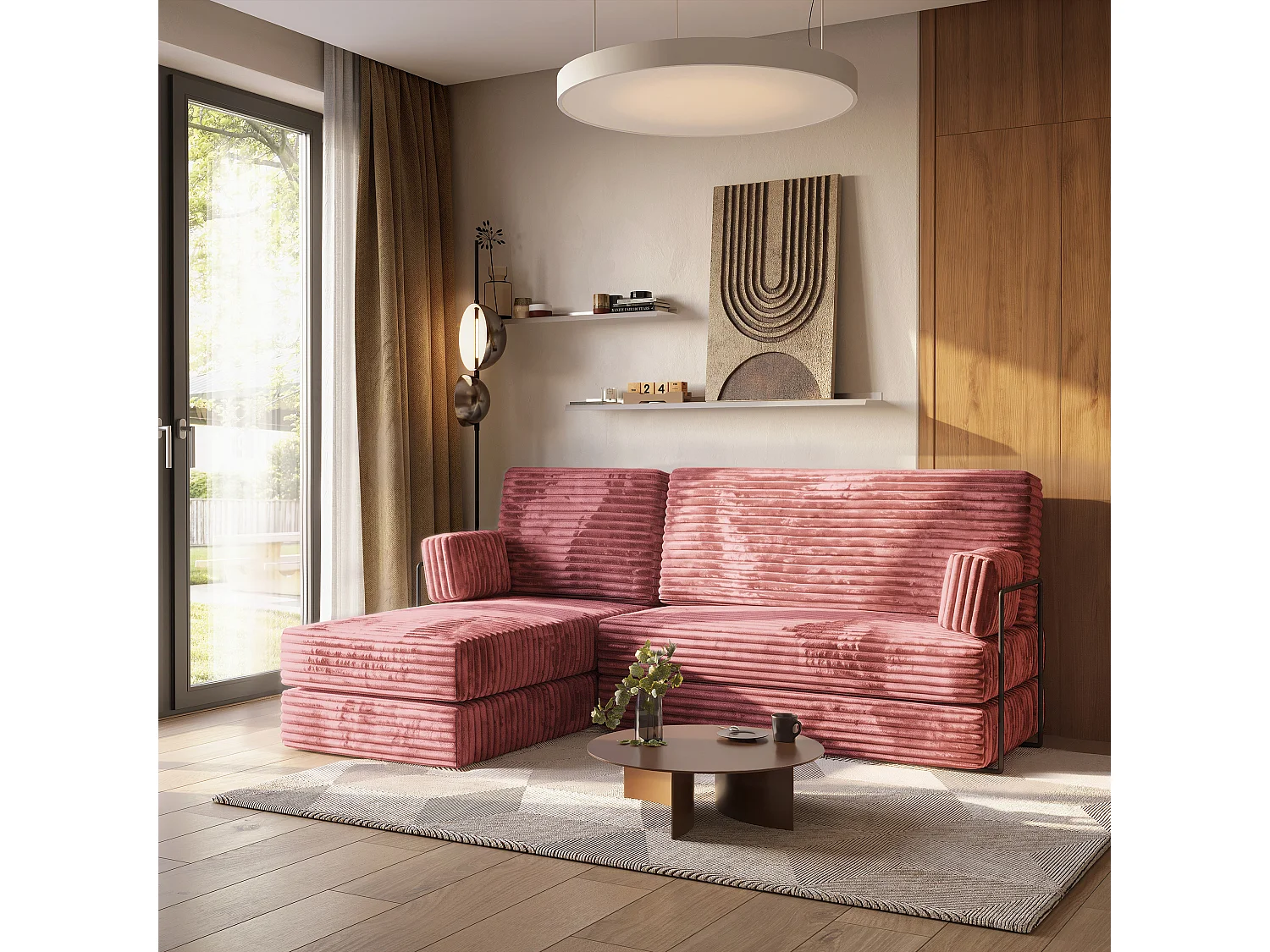 Canapé convertible compressé NOTIA, avec cadre métallique, velours côtelé TILIA Rose