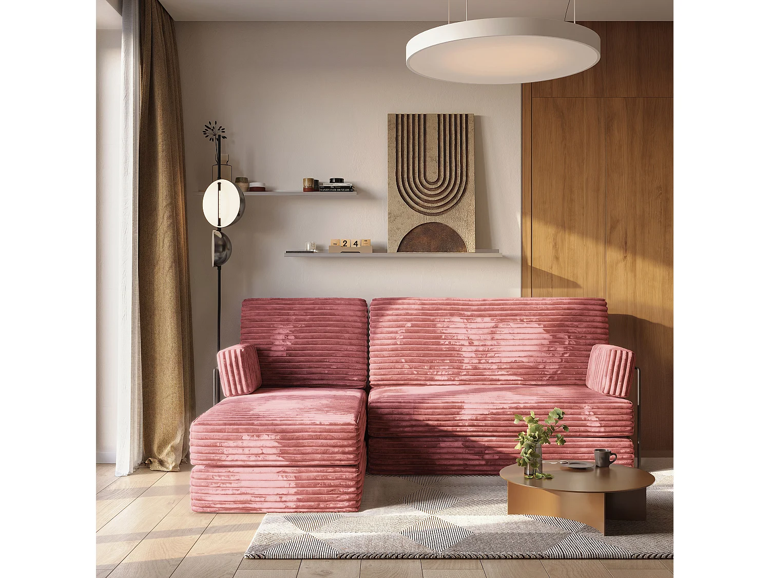 Canapé convertible compressé NOTIA, avec cadre métallique, velours côtelé TILIA Rose