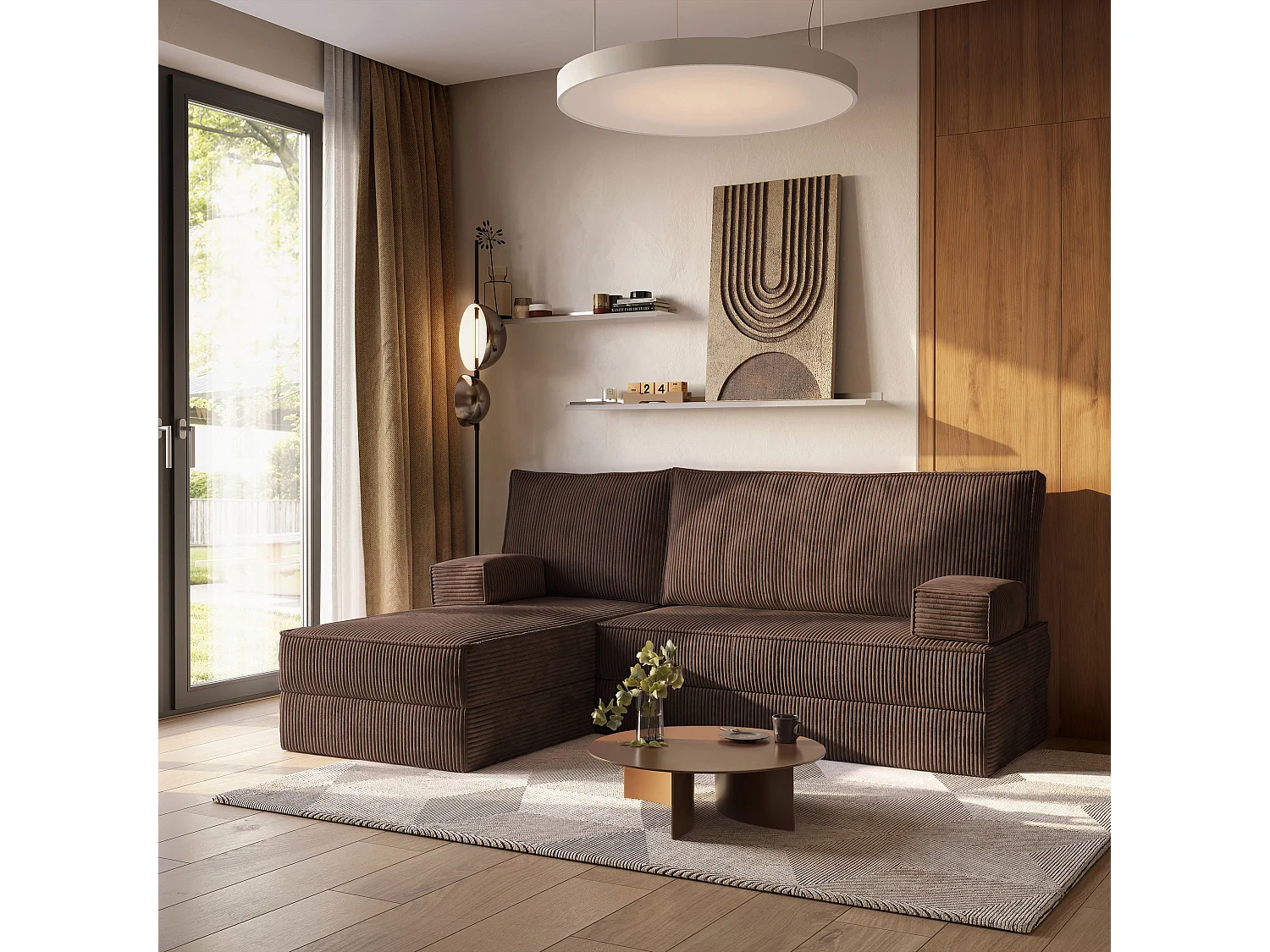 Canapé convertible compressé NOTIA, sans cadre métallique, velours côtelé POSO Marron