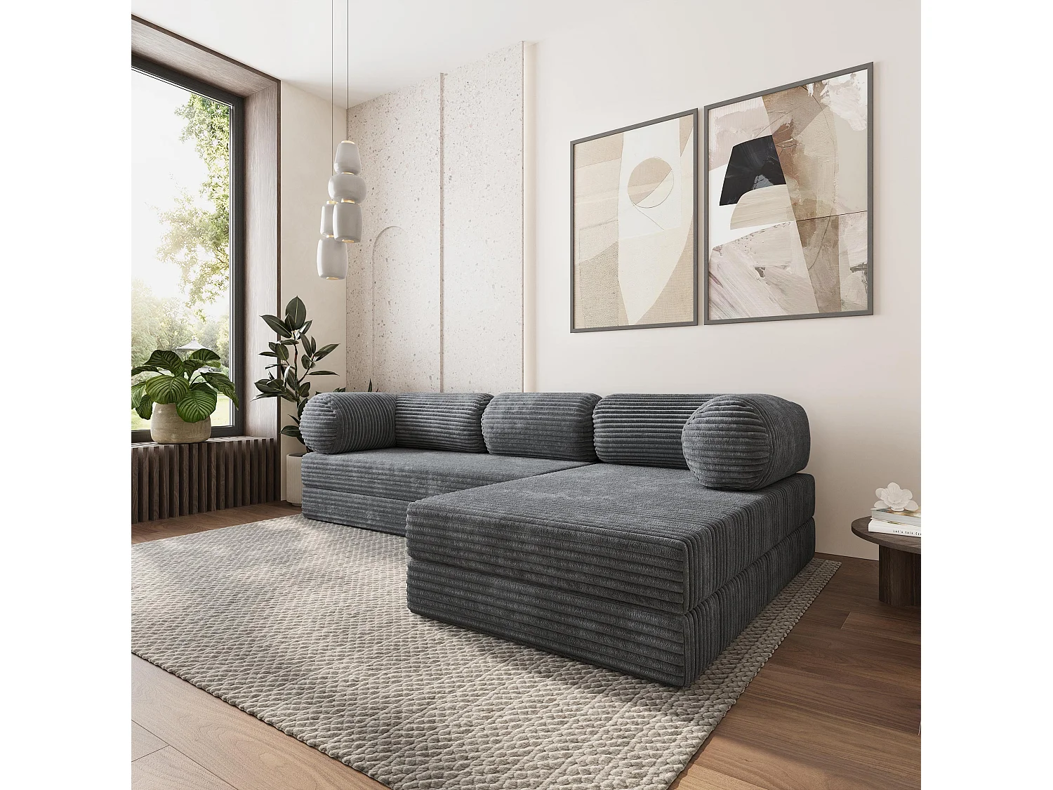 Canapé convertible compressé ETERA, sans cadre métallique, velours côtelé TILIA Gris