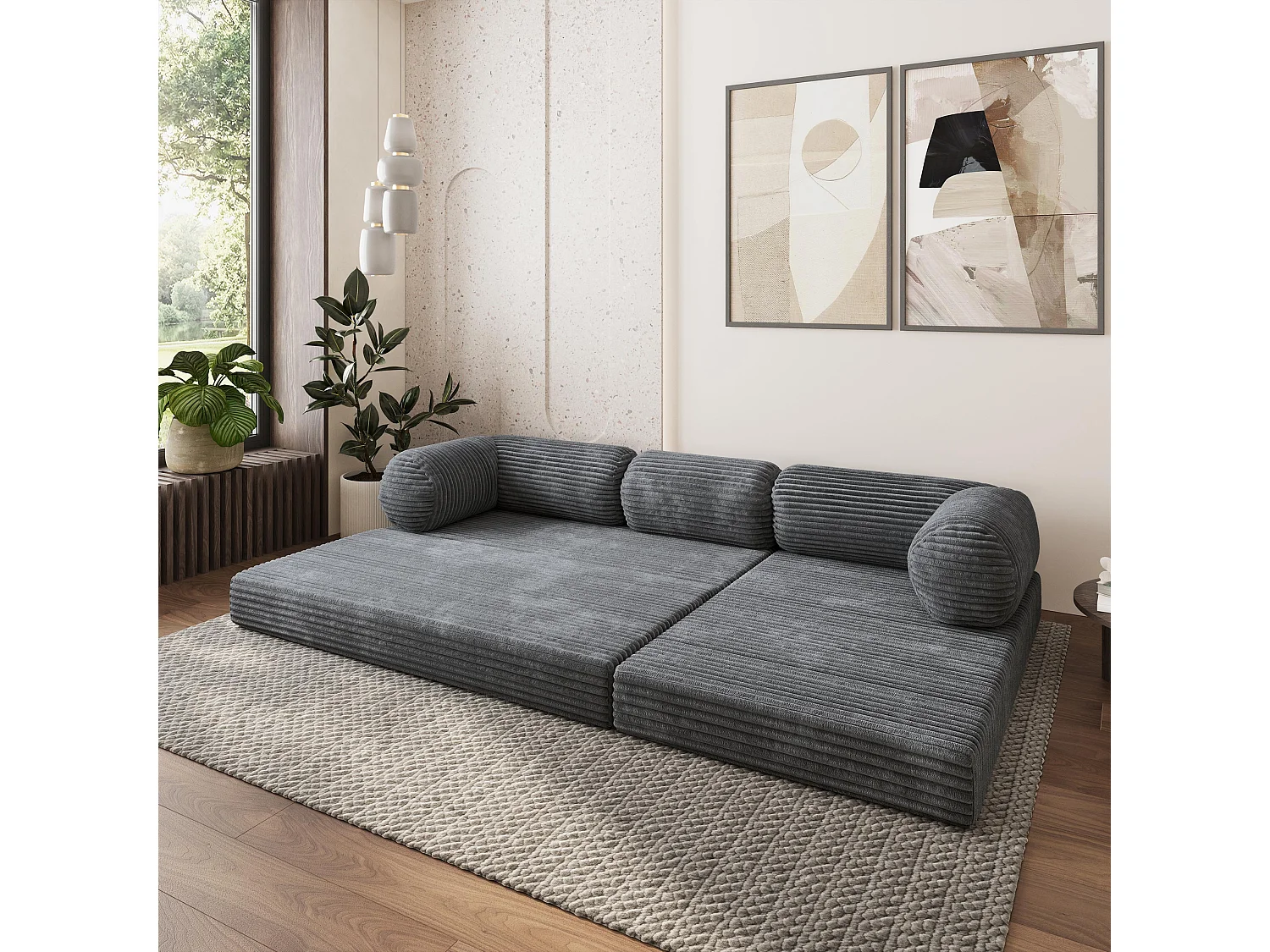 Canapé convertible compressé ETERA, sans cadre métallique, velours côtelé TILIA Gris