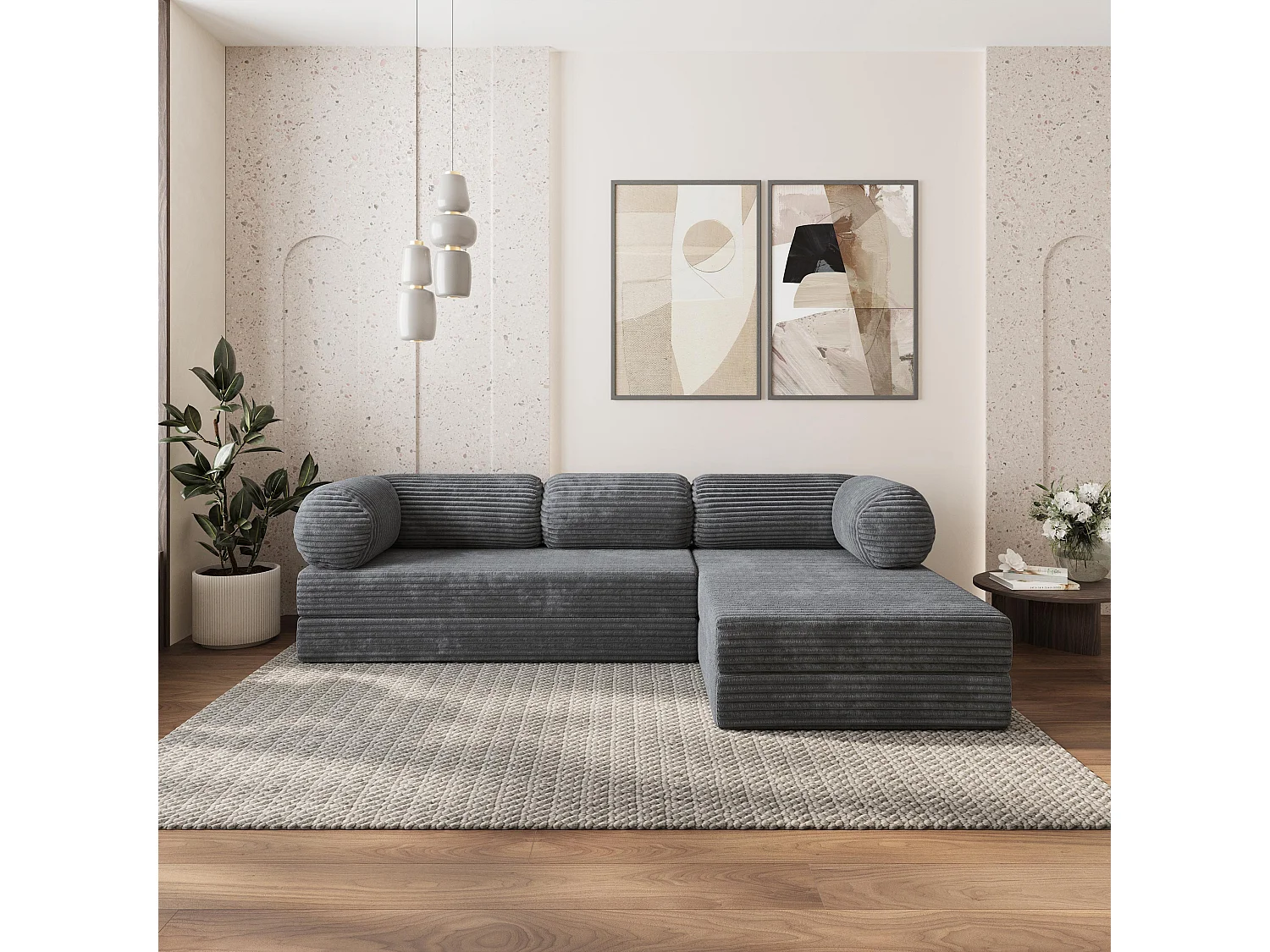 Canapé convertible compressé ETERA, sans cadre métallique, velours côtelé TILIA Gris
