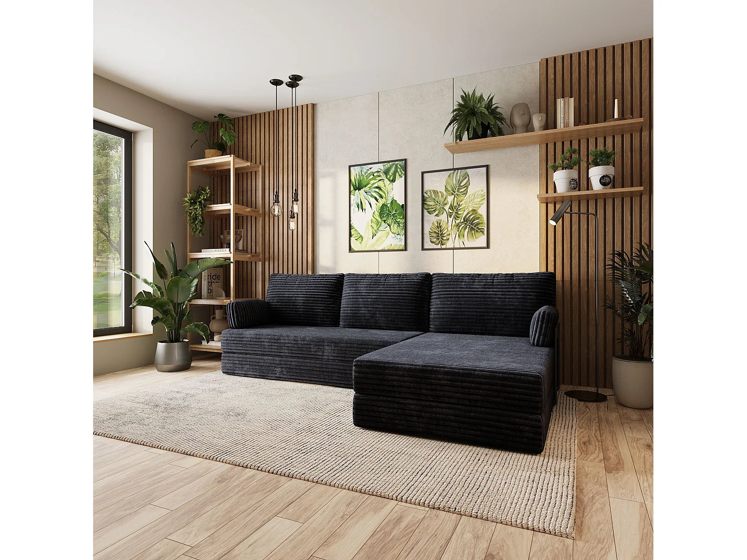 Canapé convertible compressé ANKO, avec cadre métallique, velours côtelé TILIA Noir