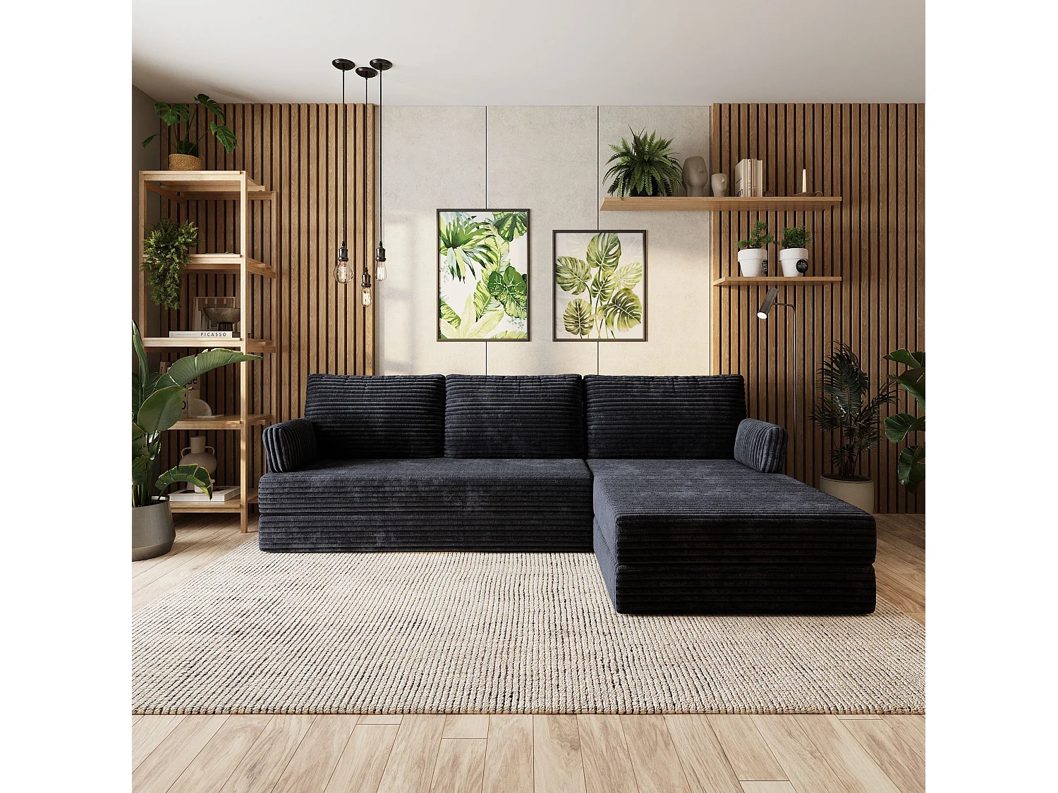 Canapé convertible compressé ANKO, avec cadre métallique, velours côtelé TILIA Noir