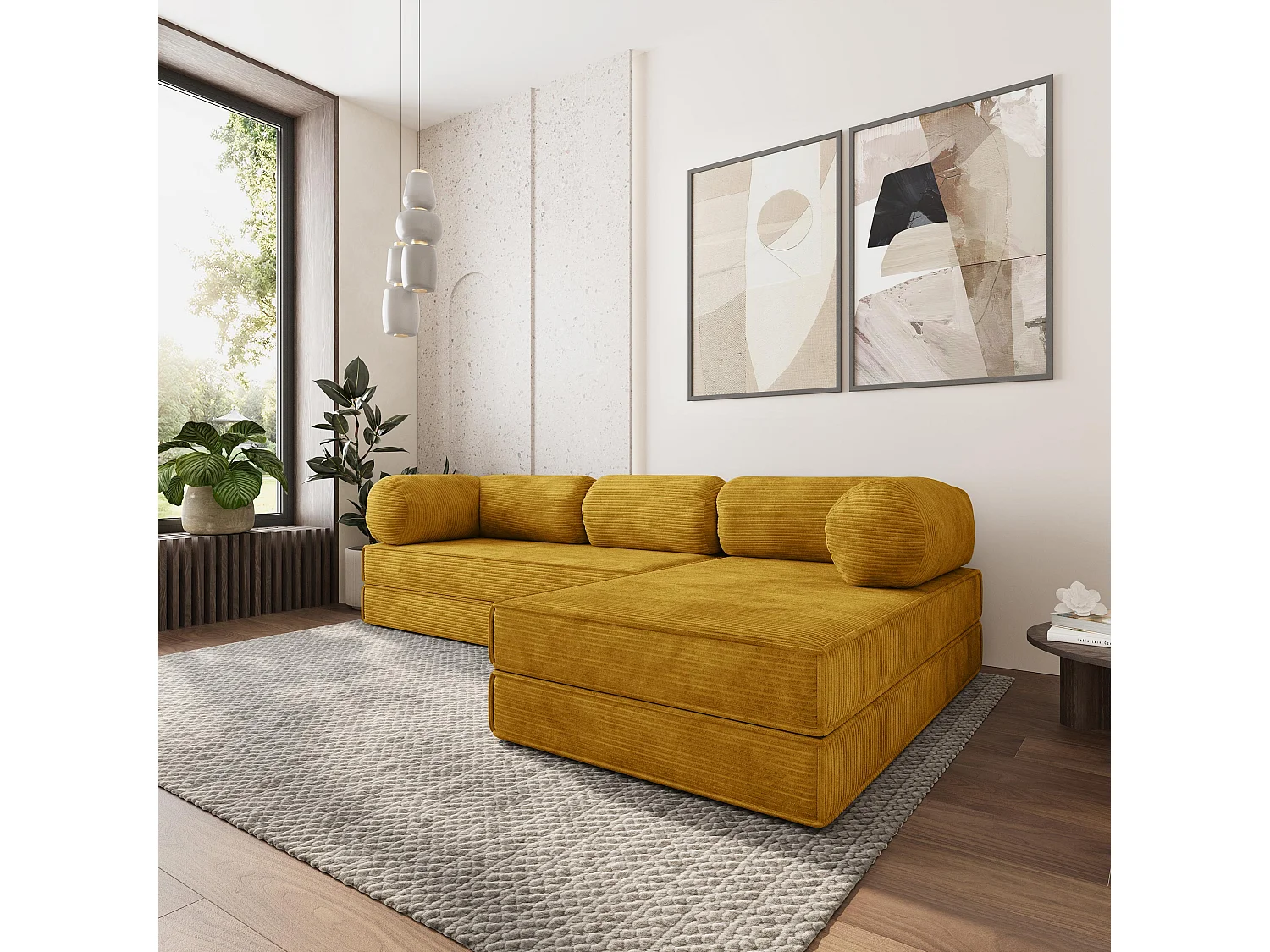Canapé convertible compressé ETERA, sans cadre métallique, velours côtelé POSO Jaune