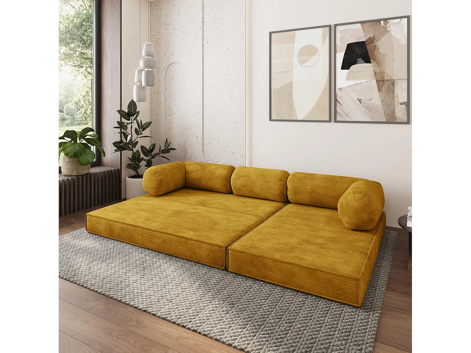 Canapé convertible compressé ETERA, sans cadre métallique, velours côtelé POSO Jaune