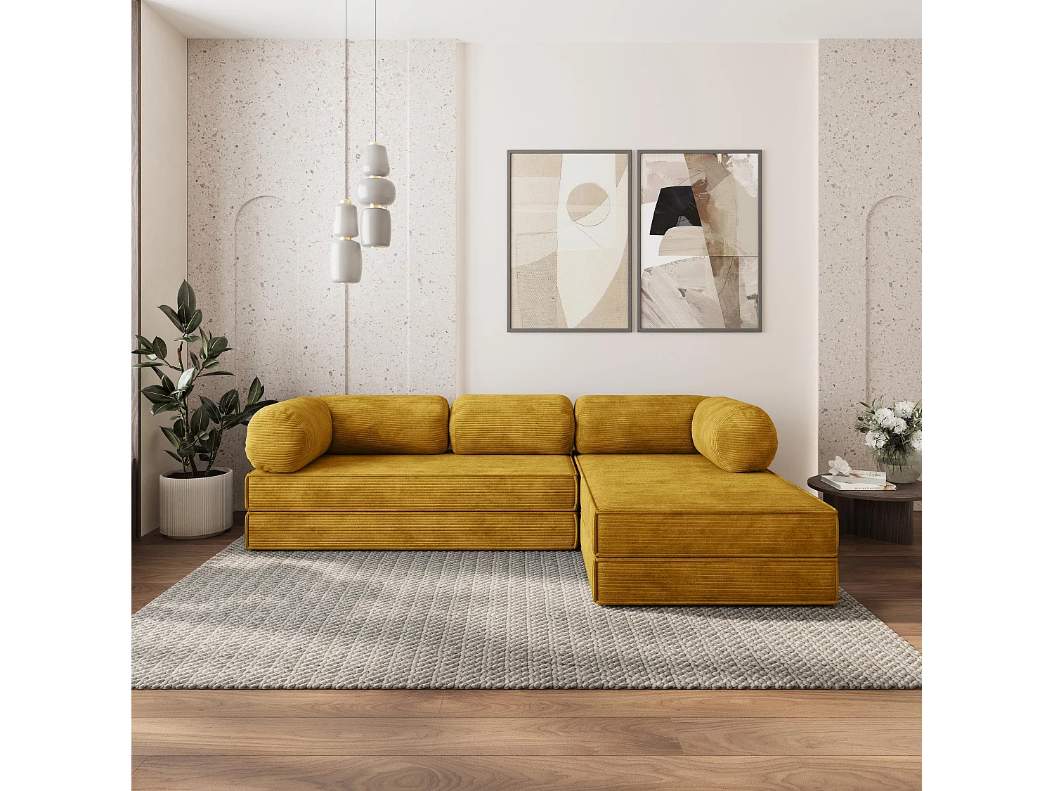 Canapé convertible compressé ETERA, sans cadre métallique, velours côtelé POSO Jaune