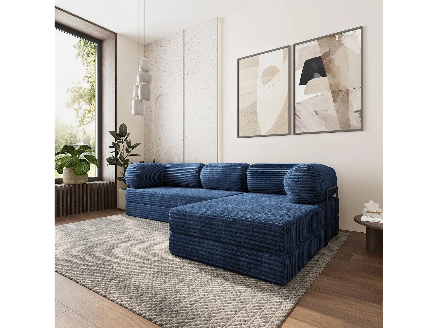 Canapé convertible compressé ETERA, avec cadre métallique, velours côtelé TILIA Bleu