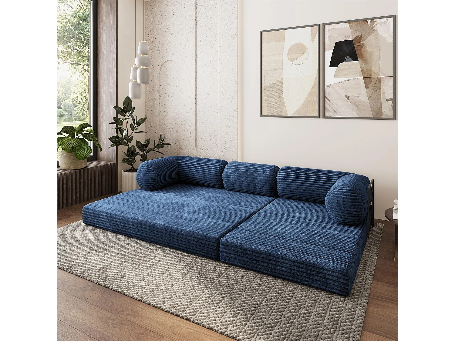 Canapé convertible compressé ETERA, avec cadre métallique, velours côtelé TILIA Bleu