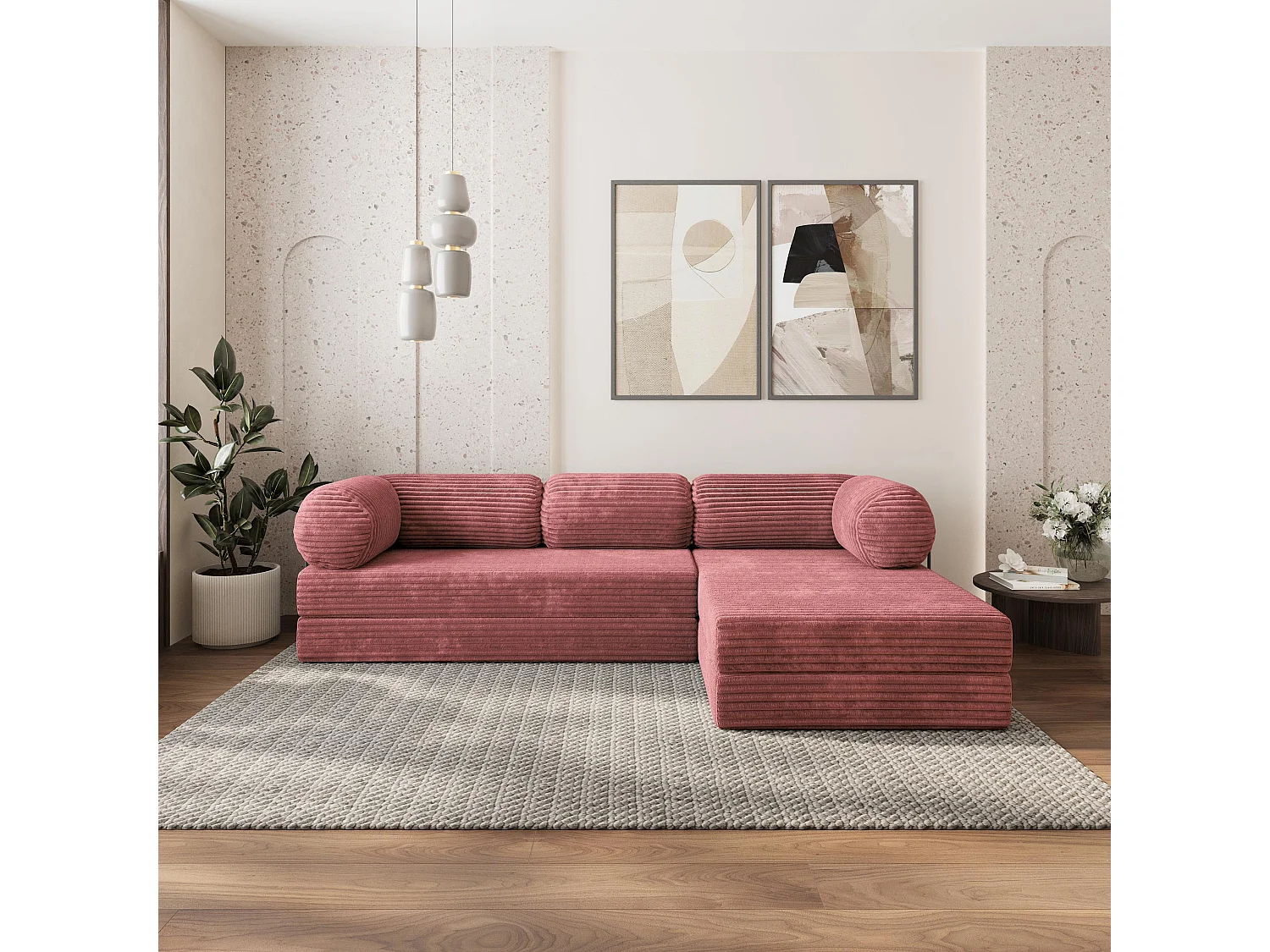 Canapé convertible compressé ETERA, avec cadre métallique, velours côtelé TILIA Rose
