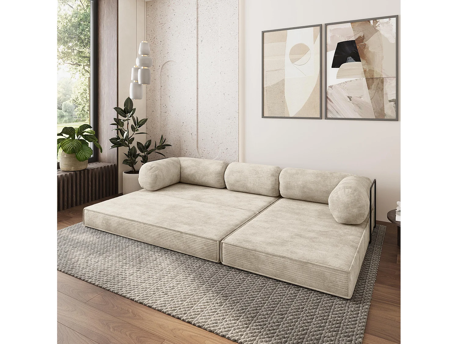 Canapé convertible compressé ETERA, avec cadre métallique, velours côtelé POSO Crème