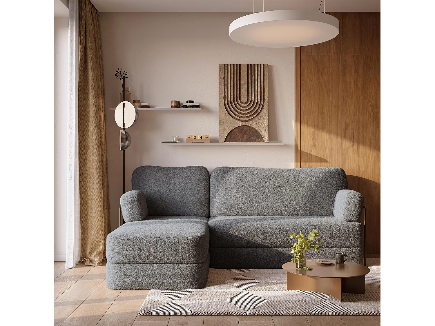 Canapé convertible compressé SABI, avec cadre métallique, bouclé Gris