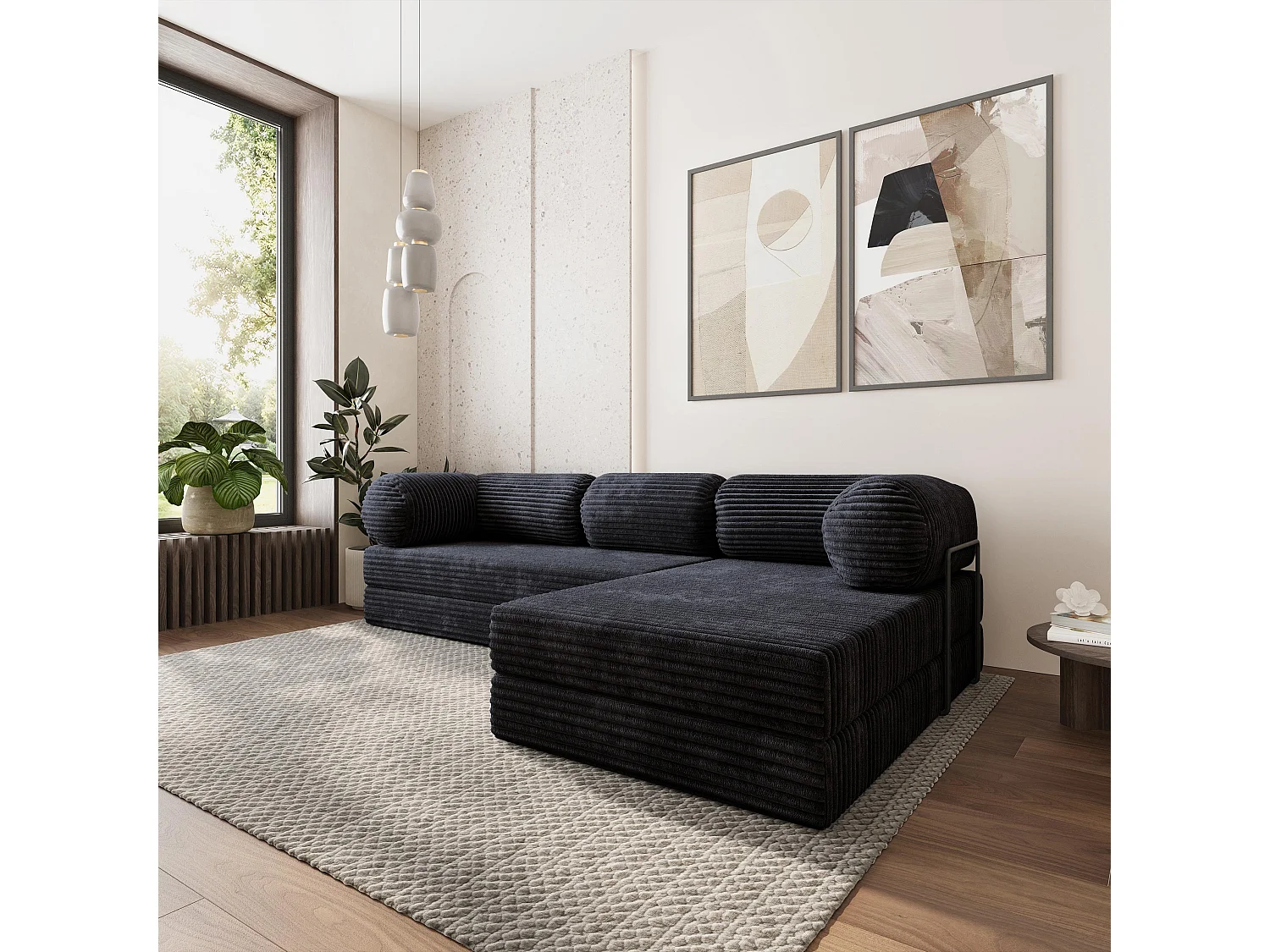 Canapé convertible compressé ETERA, avec cadre métallique, velours côtelé TILIA Noir