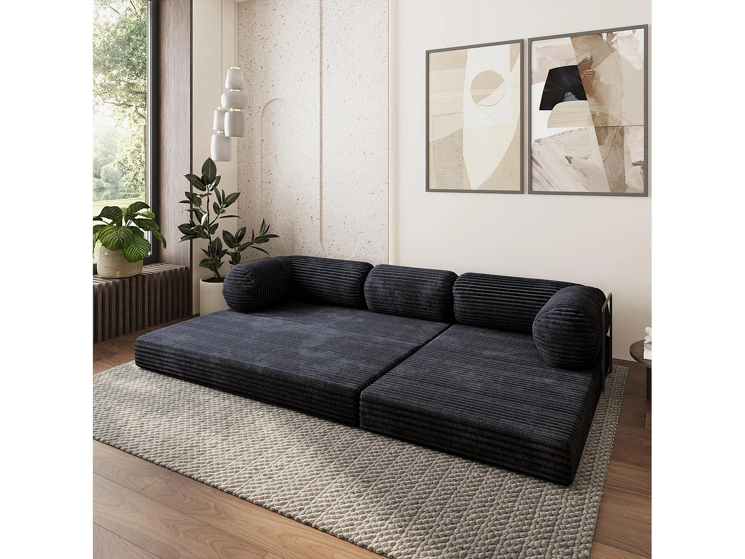 Canapé convertible compressé ETERA, avec cadre métallique, velours côtelé TILIA Noir