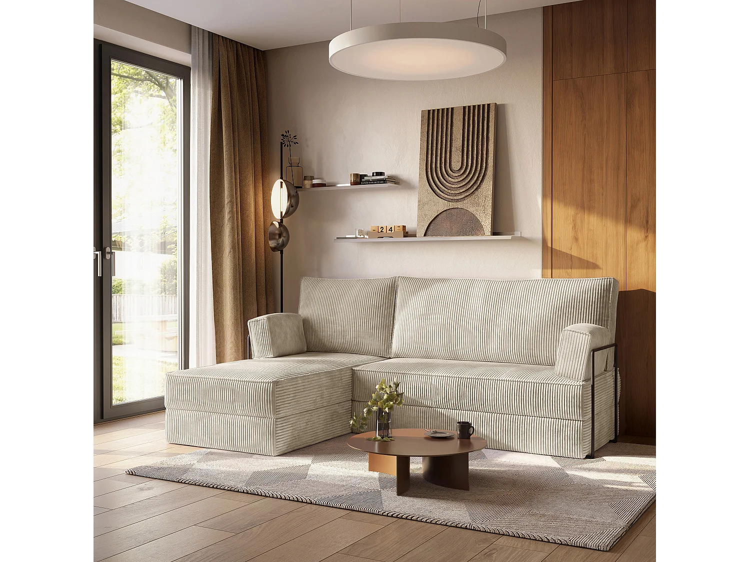 Canapé convertible compressé NOTIA, avec cadre métallique, velours côtelé POSO Crème