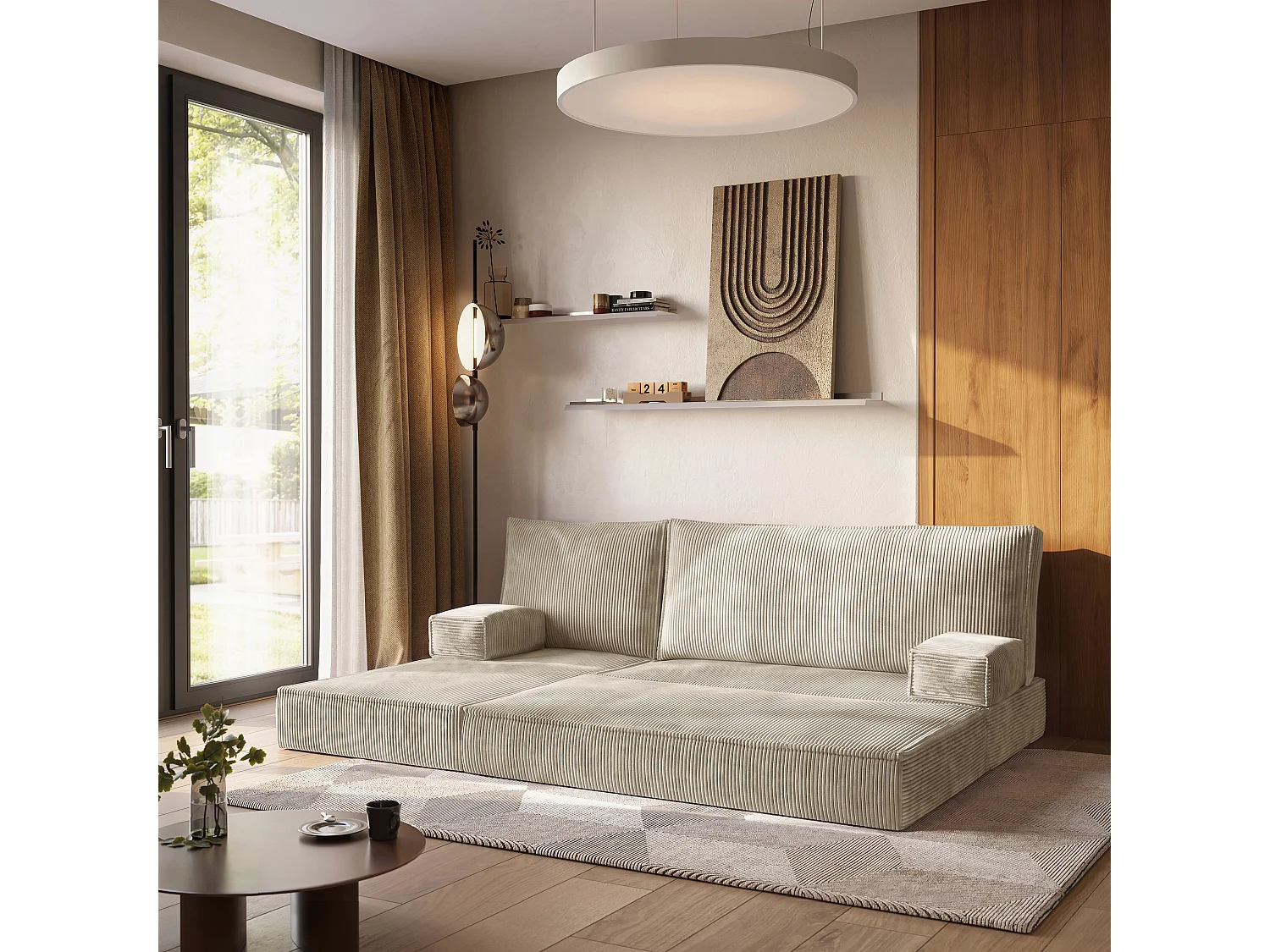 Canapé convertible compressé NOTIA, avec cadre métallique, velours côtelé POSO Crème