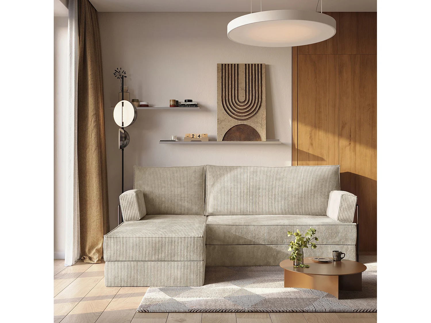 Canapé convertible compressé NOTIA, avec cadre métallique, velours côtelé POSO Crème