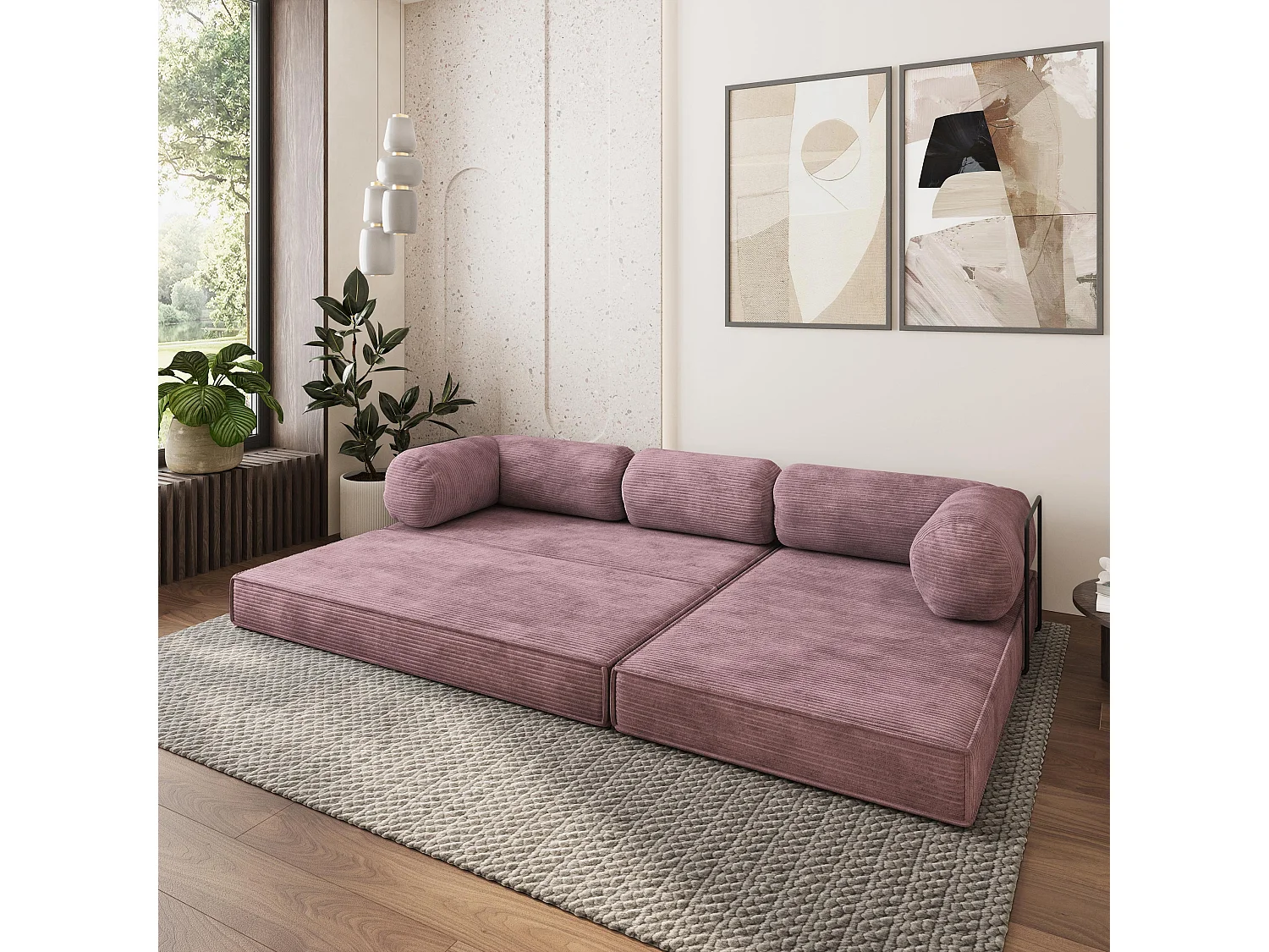 Canapé convertible compressé ETERA, avec cadre métallique, velours côtelé POSO Violet