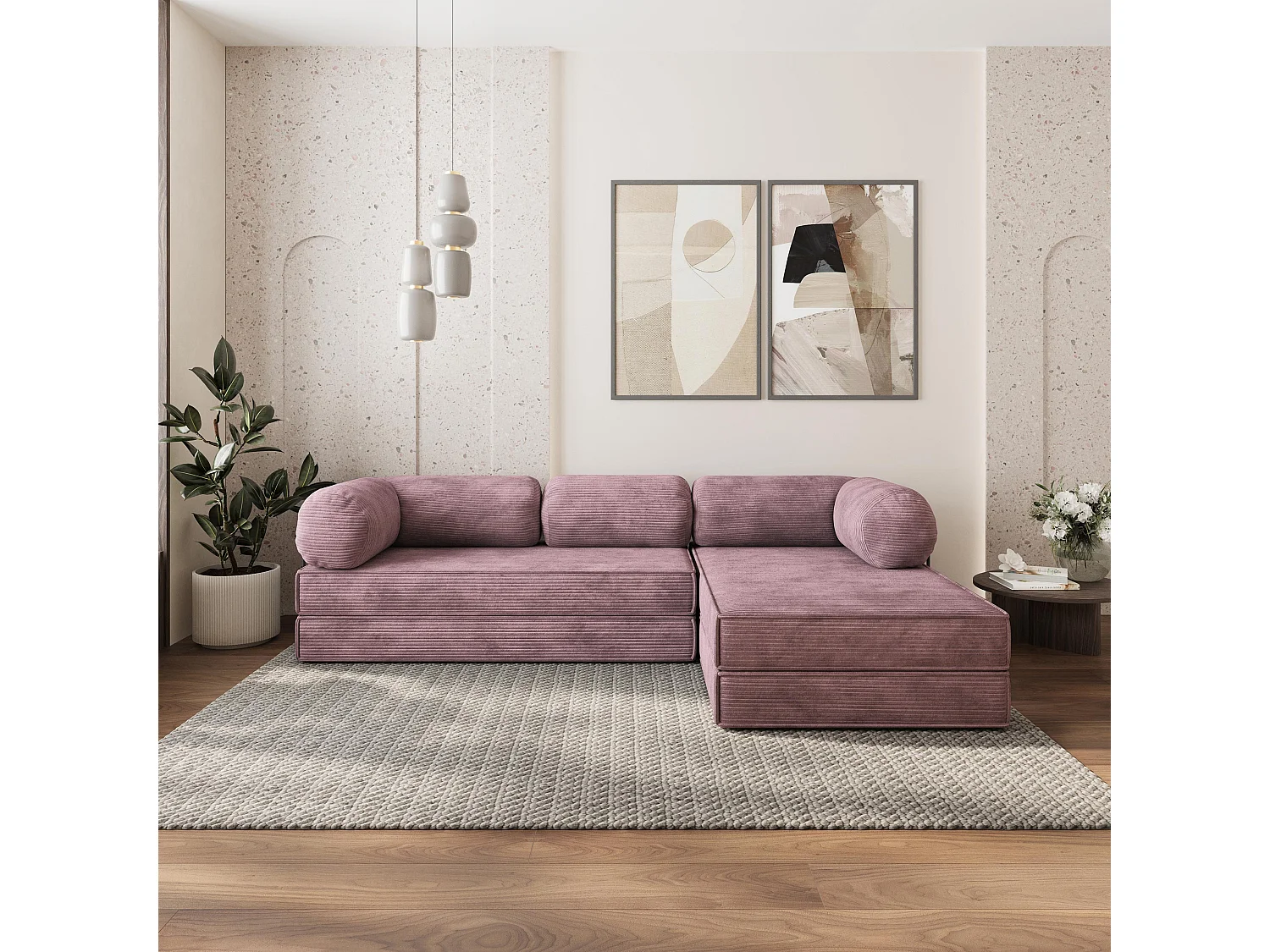 Canapé convertible compressé ETERA, avec cadre métallique, velours côtelé POSO Violet