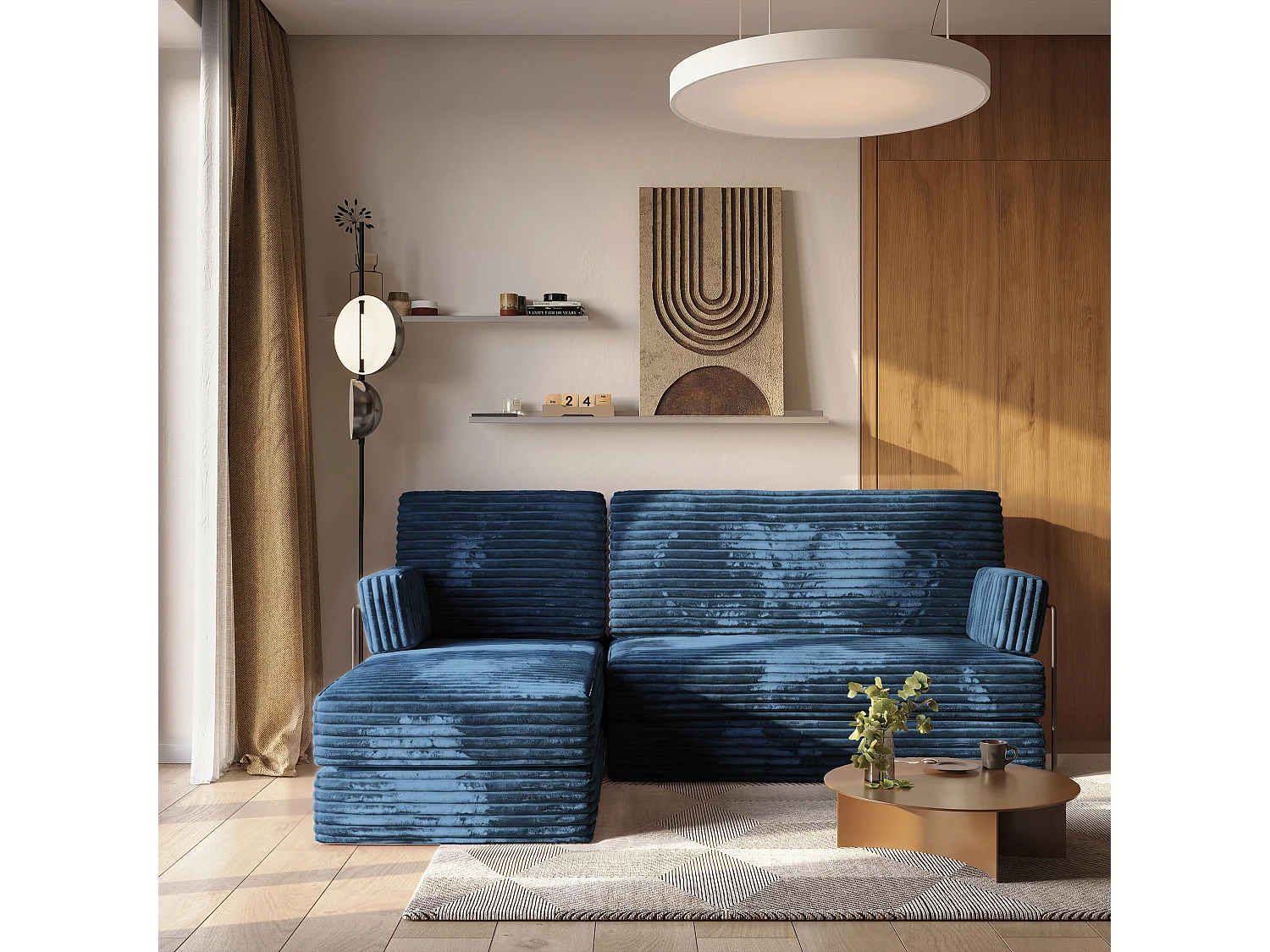 Canapé convertible compressé NOTIA, avec cadre métallique, velours côtelé TILIA Bleu