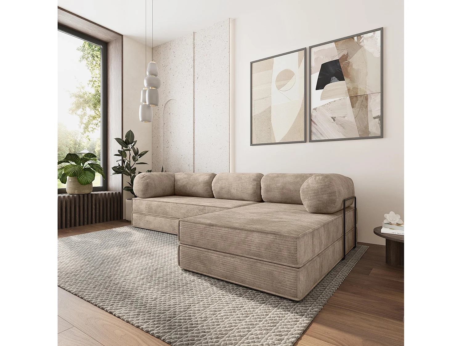 Canapé convertible compressé ETERA, avec cadre métallique, velours côtelé POSO Beige