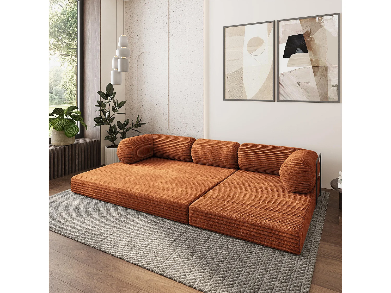 Canapé convertible compressé ETERA, avec cadre métallique, velours côtelé TILIA Marron