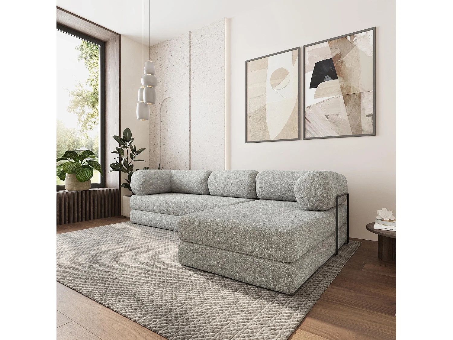 Canapé convertible compressé KELI, avec cadre métallique, bouclé Gris clair