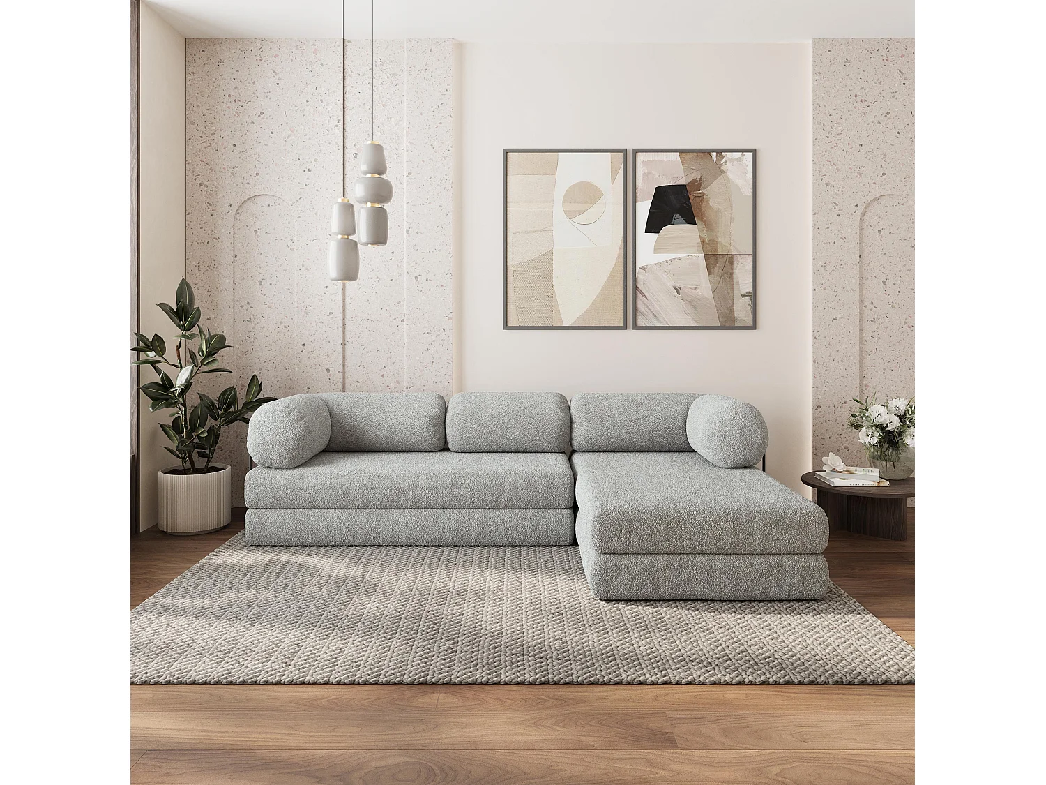 Canapé convertible compressé KELI, avec cadre métallique, bouclé Gris clair