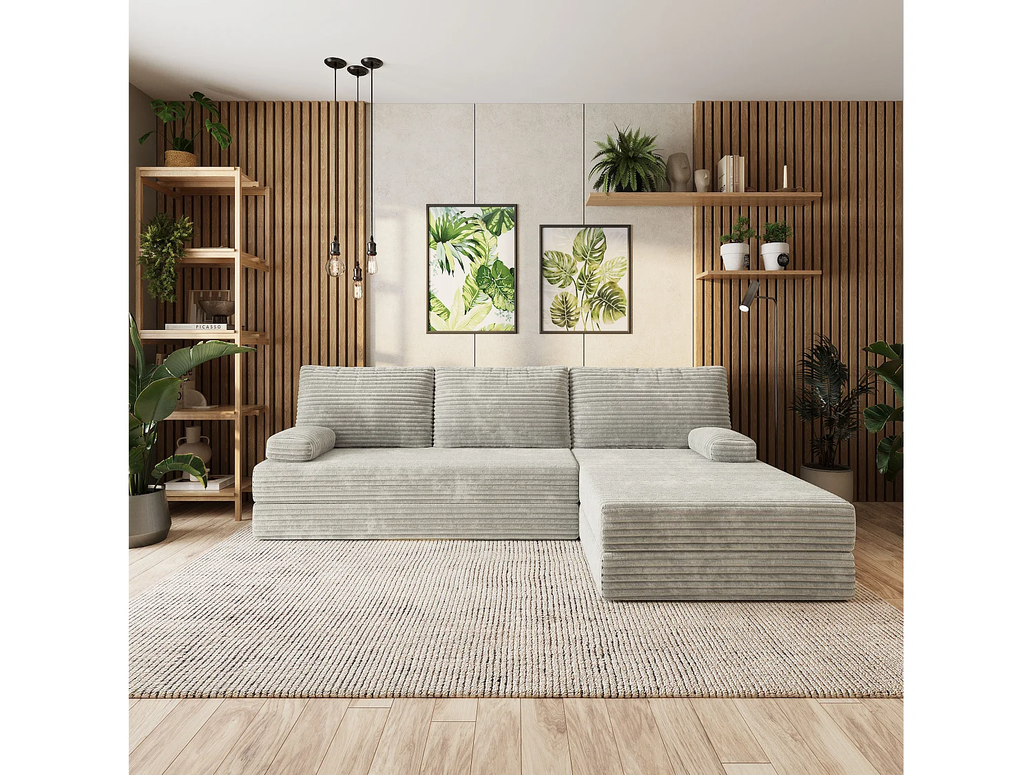 Canapé convertible compressé ANKO, sans cadre métallique, velours côtelé TILIA Gris clair