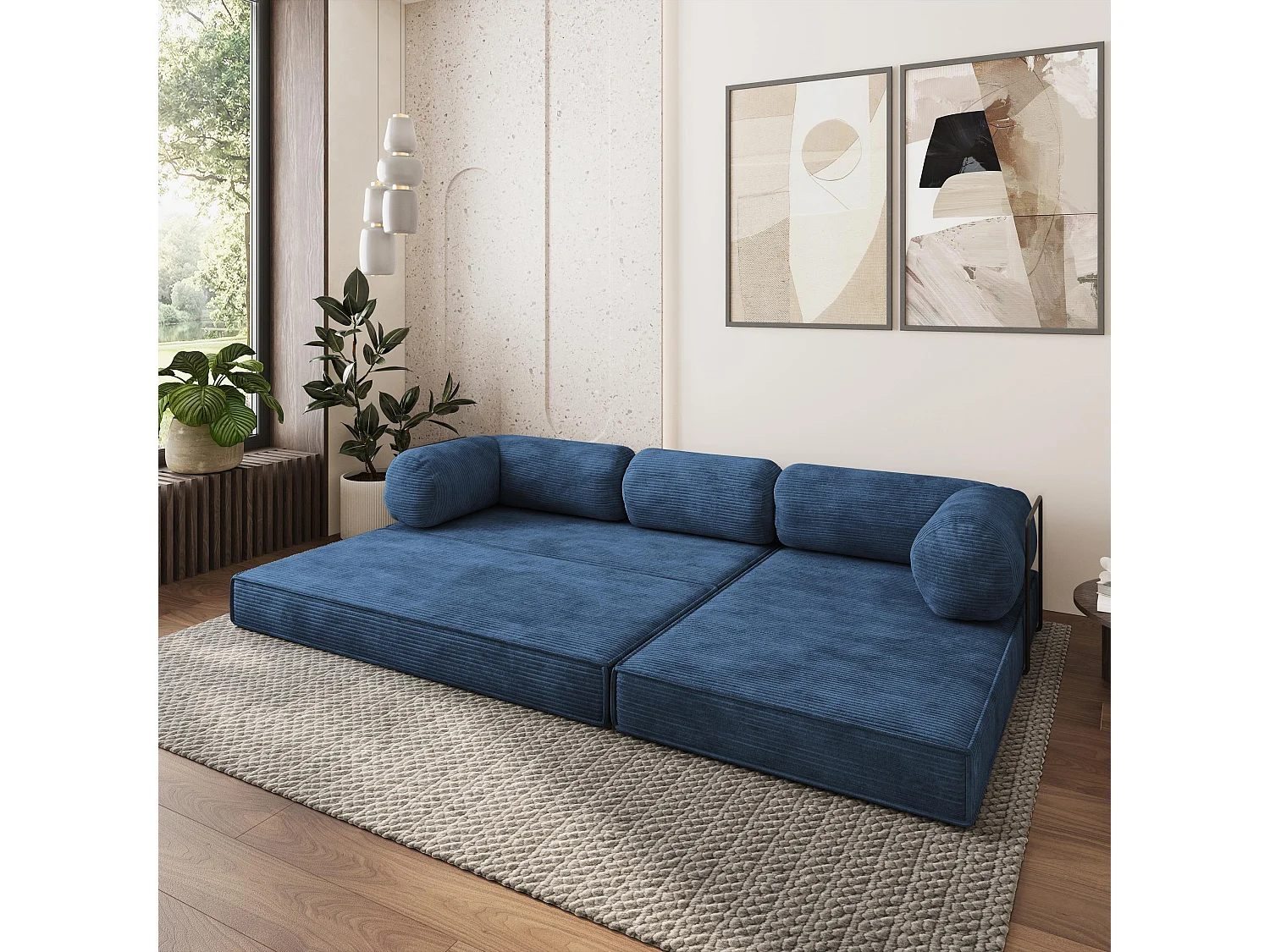 Canapé convertible compressé ETERA, avec cadre métallique, velours côtelé POSO Bleu