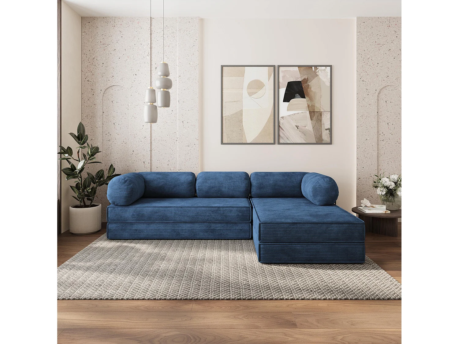 Canapé convertible compressé ETERA, avec cadre métallique, velours côtelé POSO Bleu