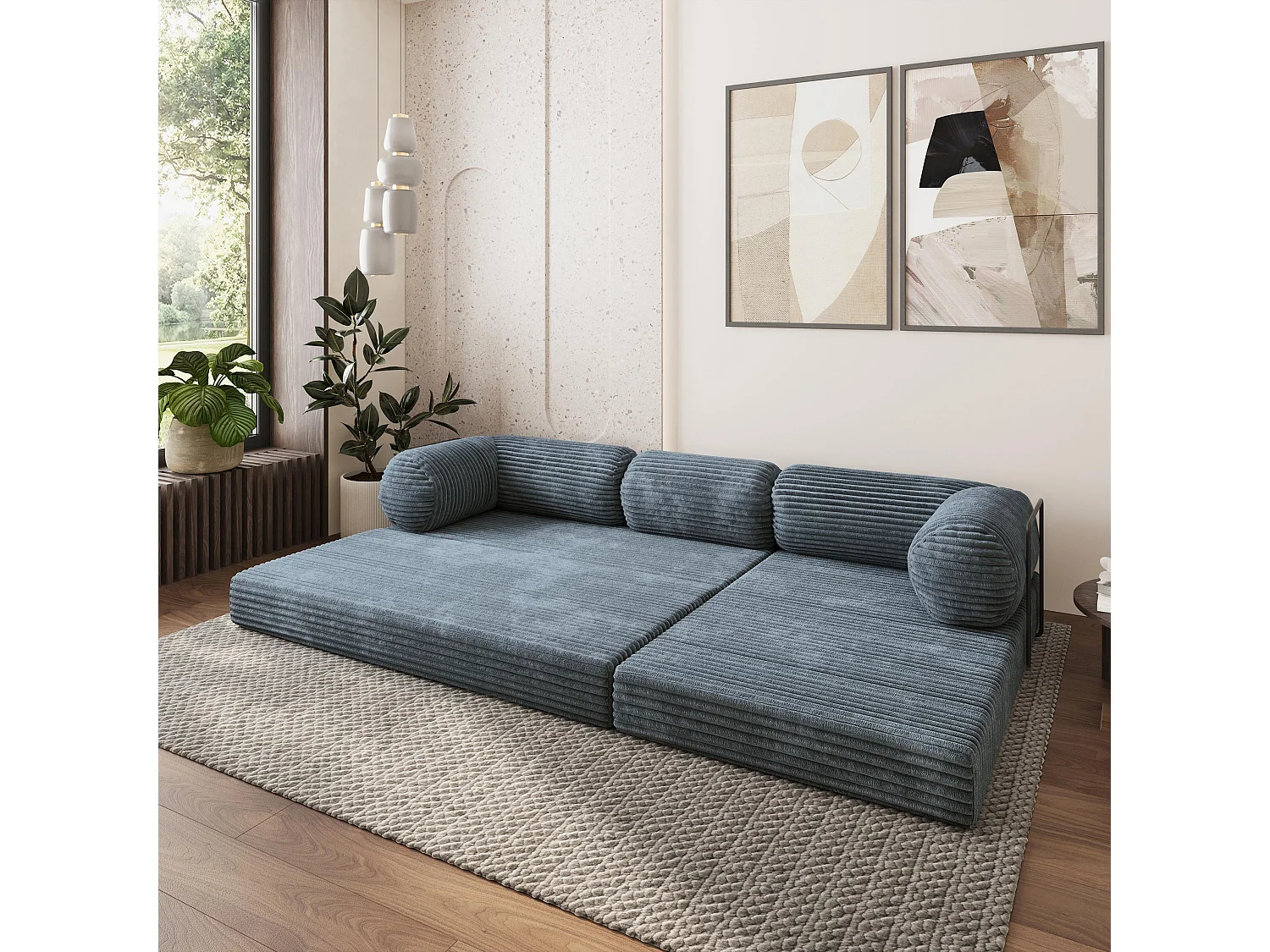 Canapé convertible compressé ETERA, avec cadre métallique, velours côtelé TILIA Gris