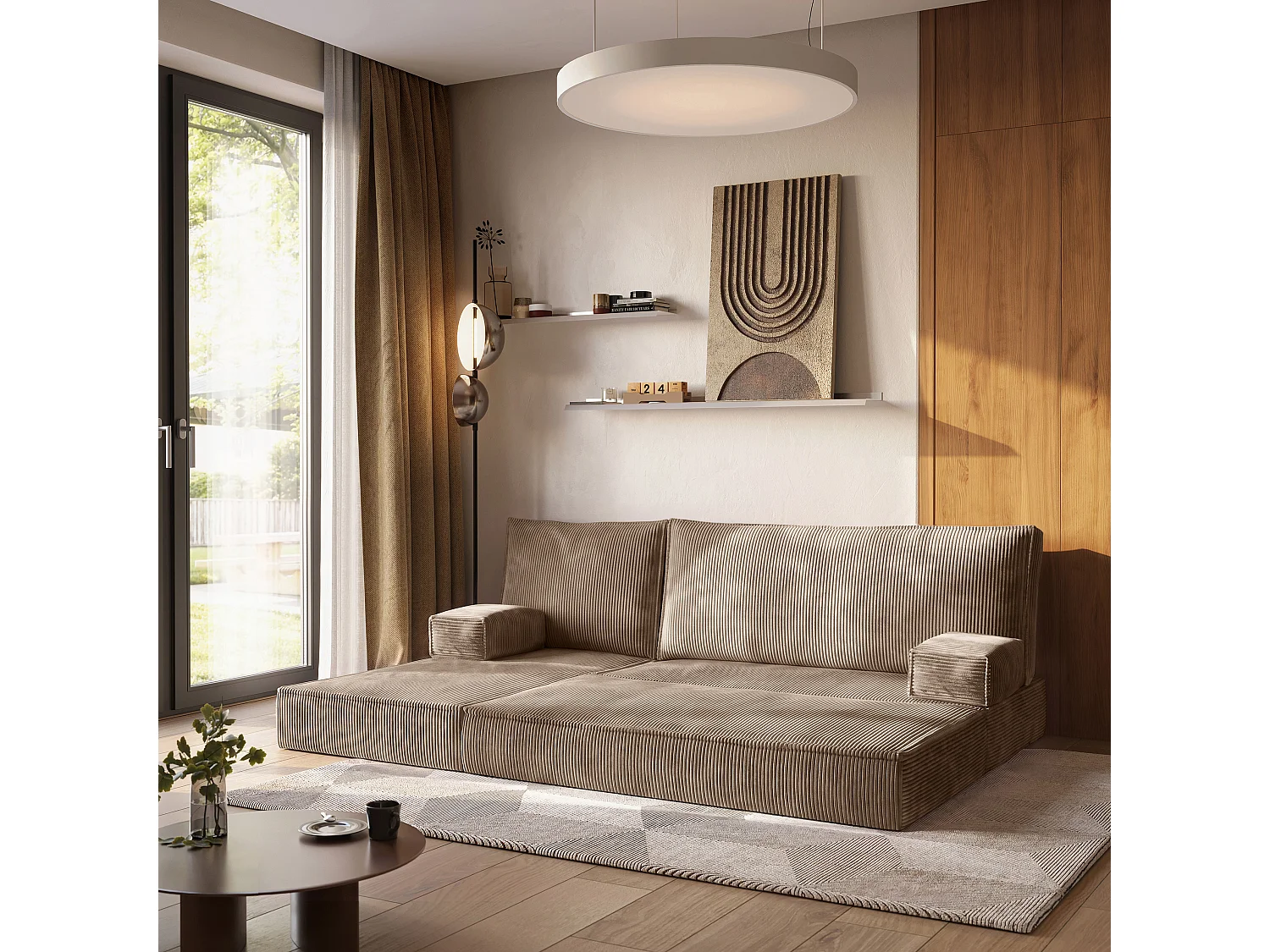 Canapé convertible compressé NOTIA, avec cadre métallique, velours côtelé POSO Beige