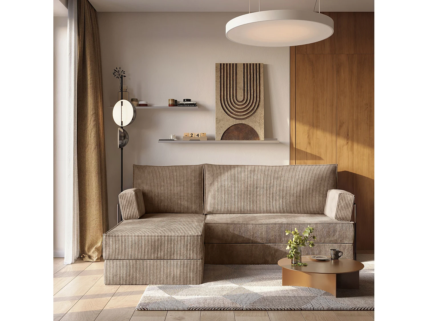 Canapé convertible compressé NOTIA, avec cadre métallique, velours côtelé POSO Beige