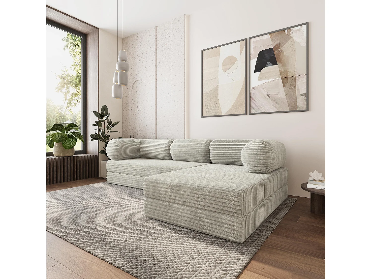 Canapé convertible compressé ETERA, sans cadre métallique, velours côtelé TILIA Gris clair