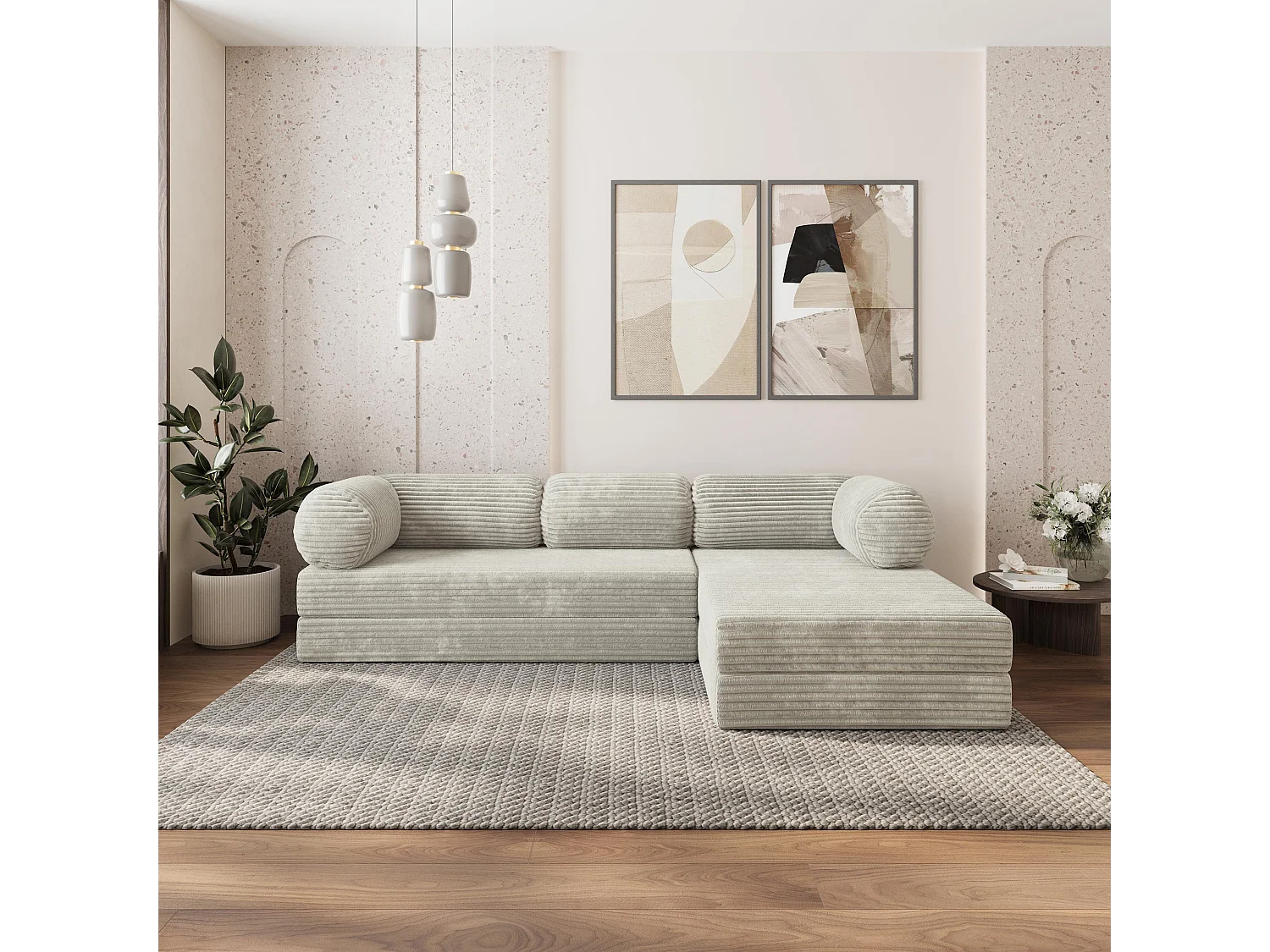 Canapé convertible compressé ETERA, sans cadre métallique, velours côtelé TILIA Gris clair