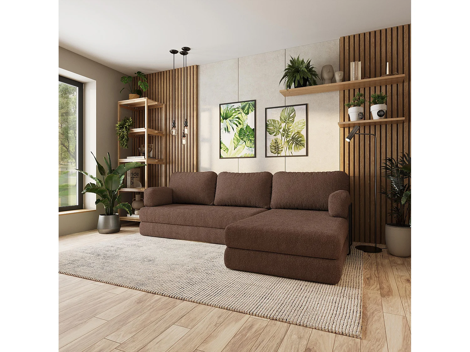 Canapé convertible compressé LEA, avec cadre métallique, bouclé Marron