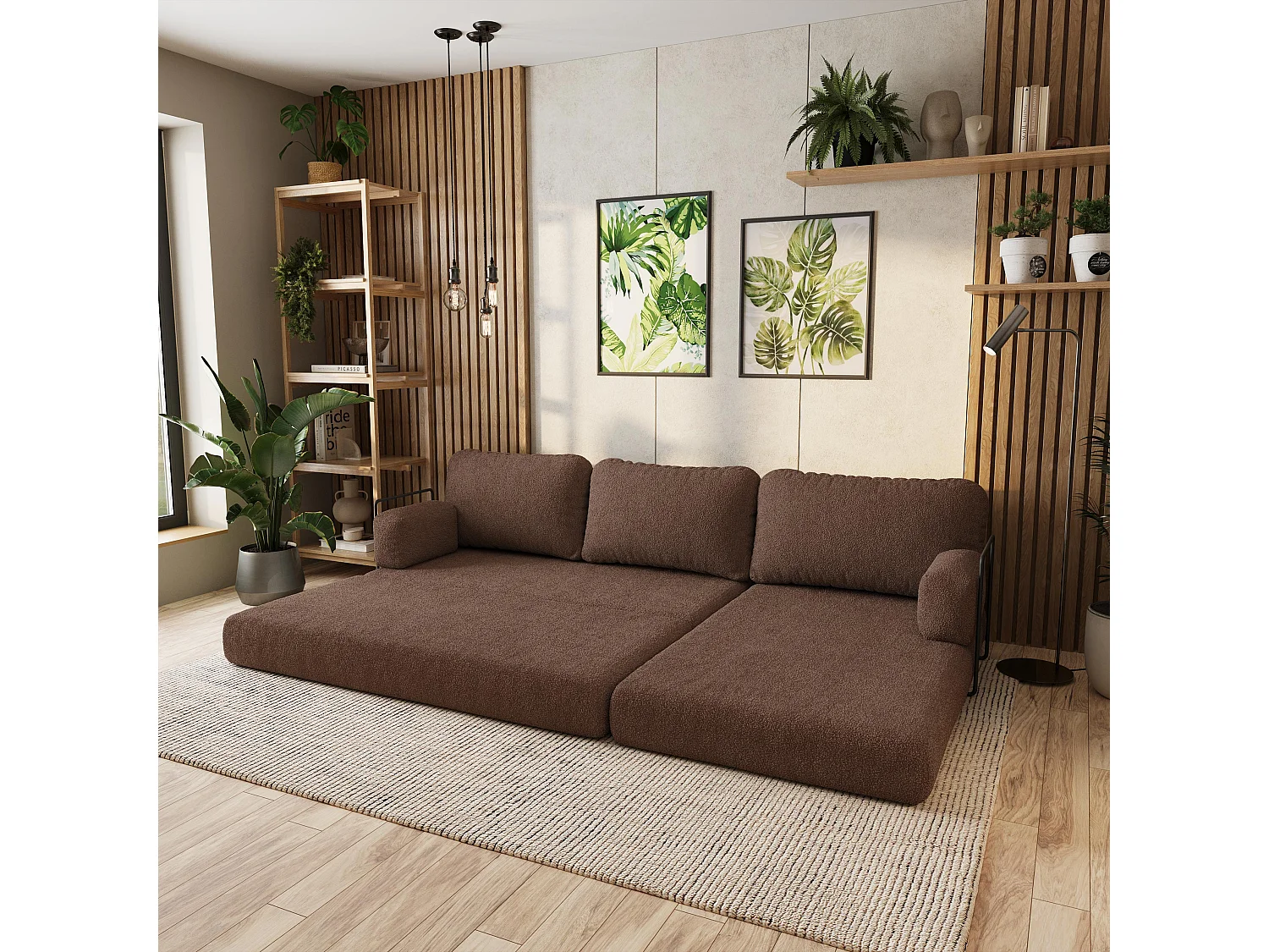 Canapé convertible compressé LEA, avec cadre métallique, bouclé Marron