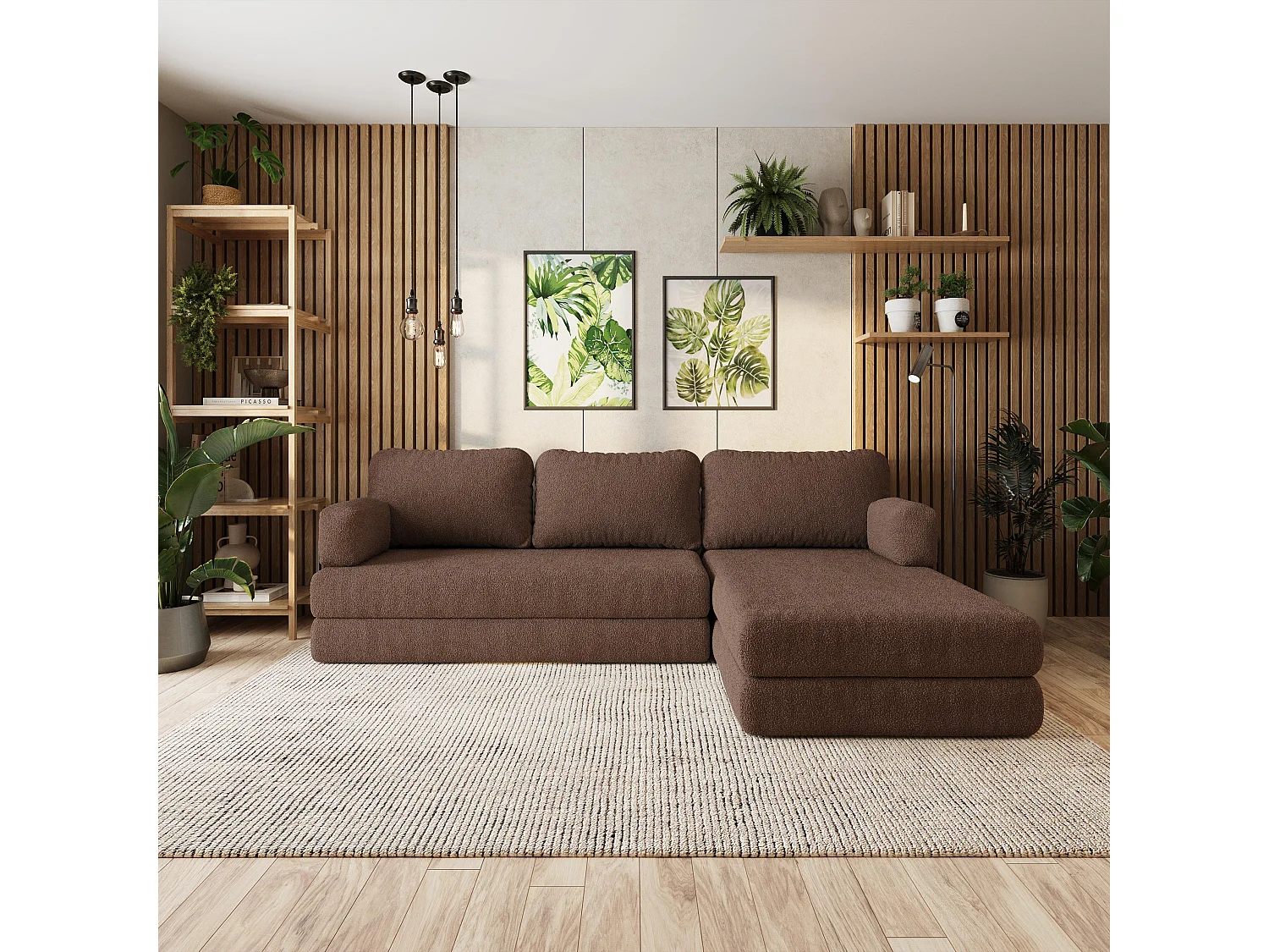 Canapé convertible compressé LEA, avec cadre métallique, bouclé Marron