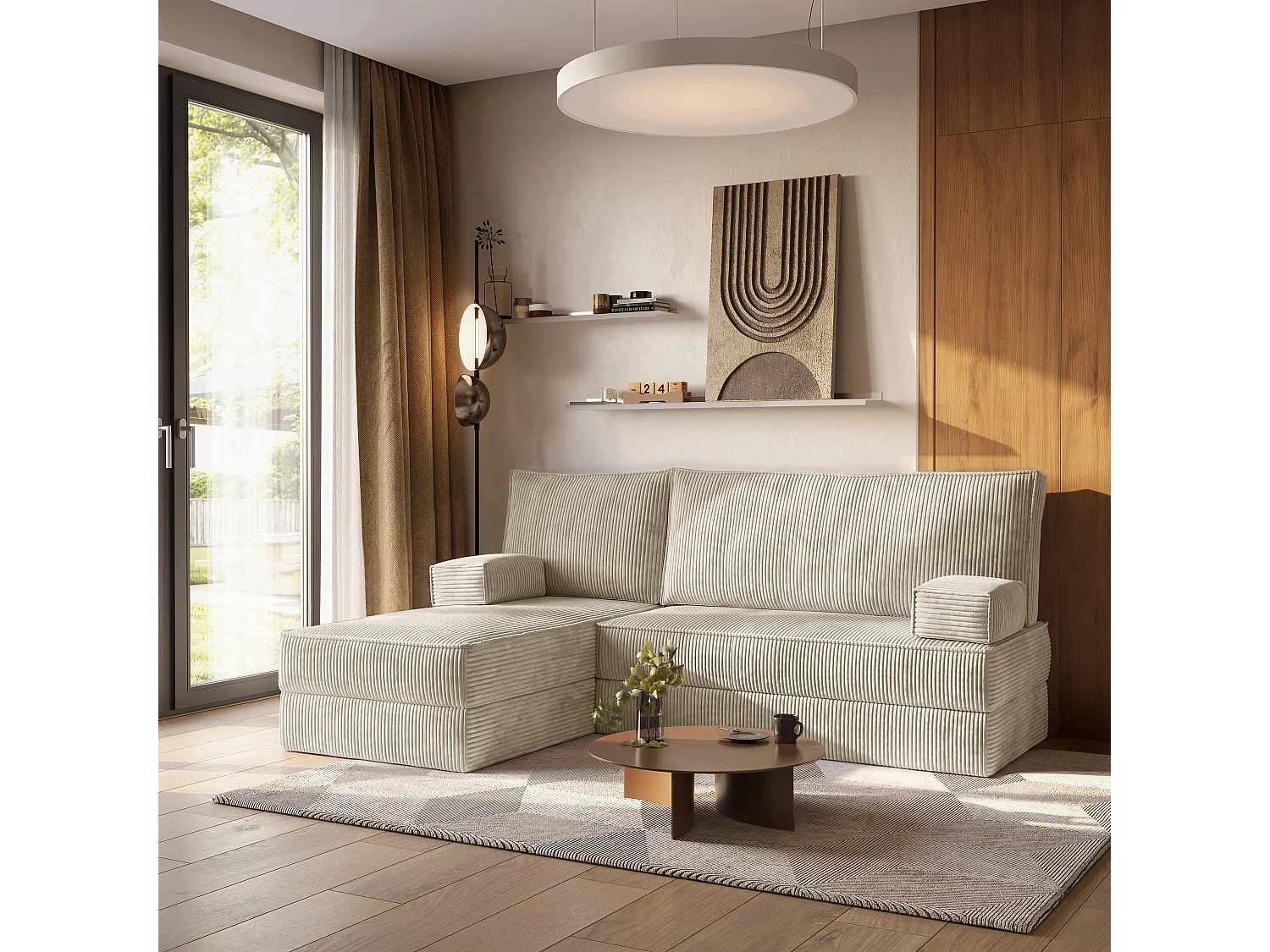 Canapé convertible compressé NOTIA, sans cadre métallique, velours côtelé POSO Crème