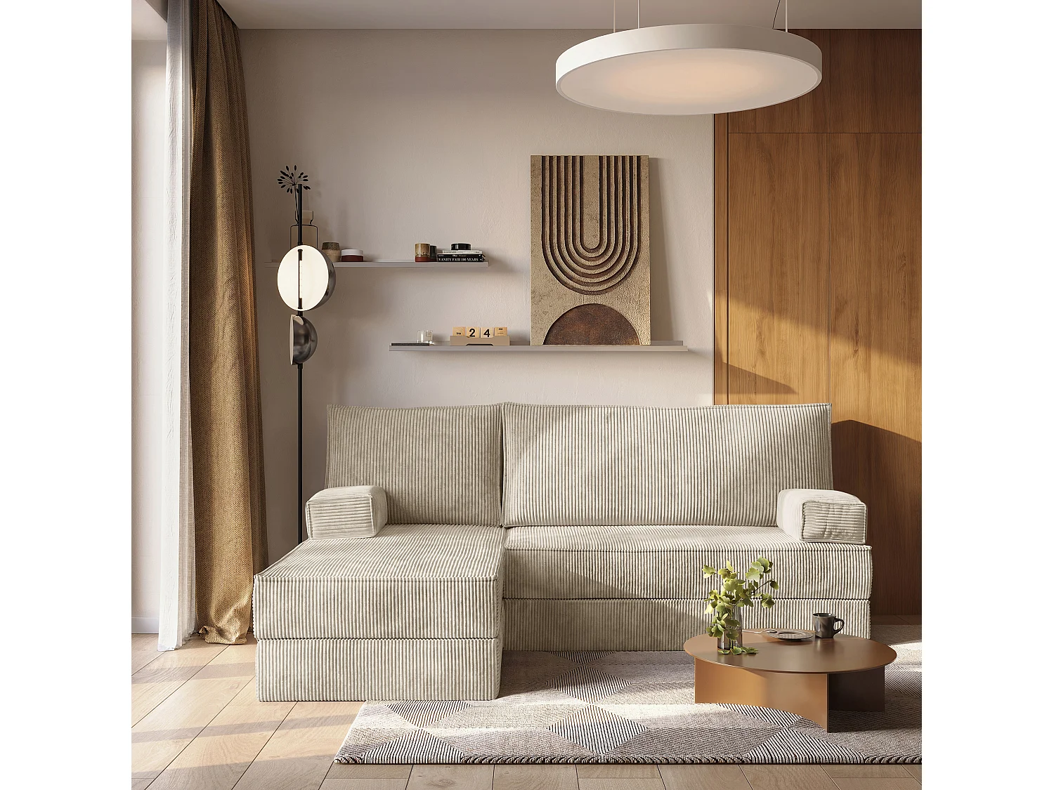 Canapé convertible compressé NOTIA, sans cadre métallique, velours côtelé POSO Crème