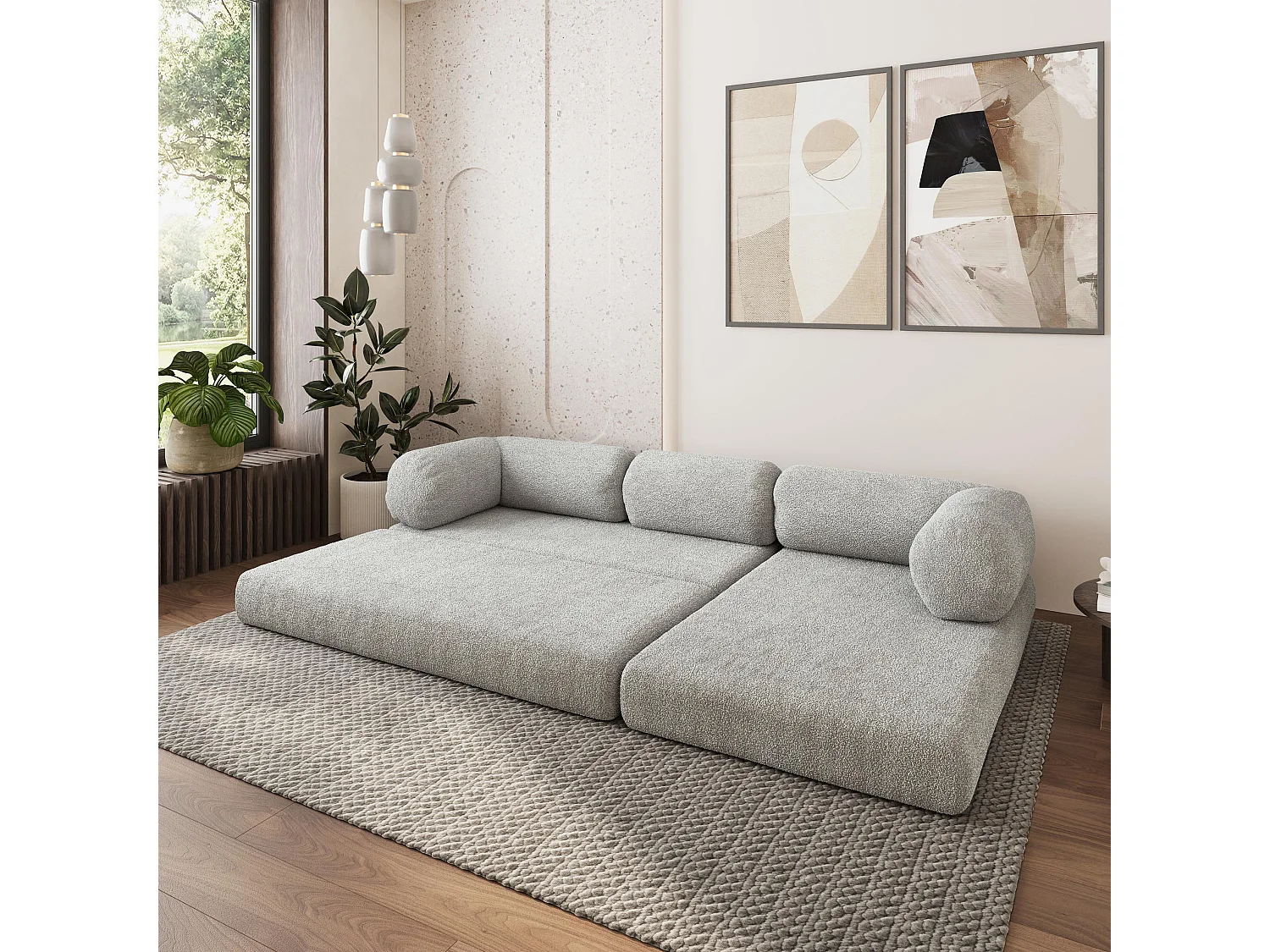 Canapé convertible compressé KELI, sans cadre métallique, bouclé Gris clair