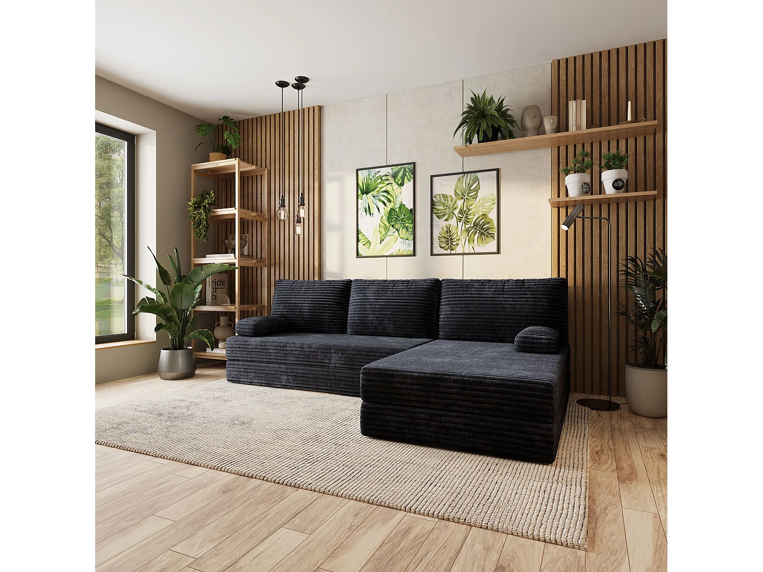 Canapé convertible compressé ANKO, sans cadre métallique, velours côtelé TILIA Noir