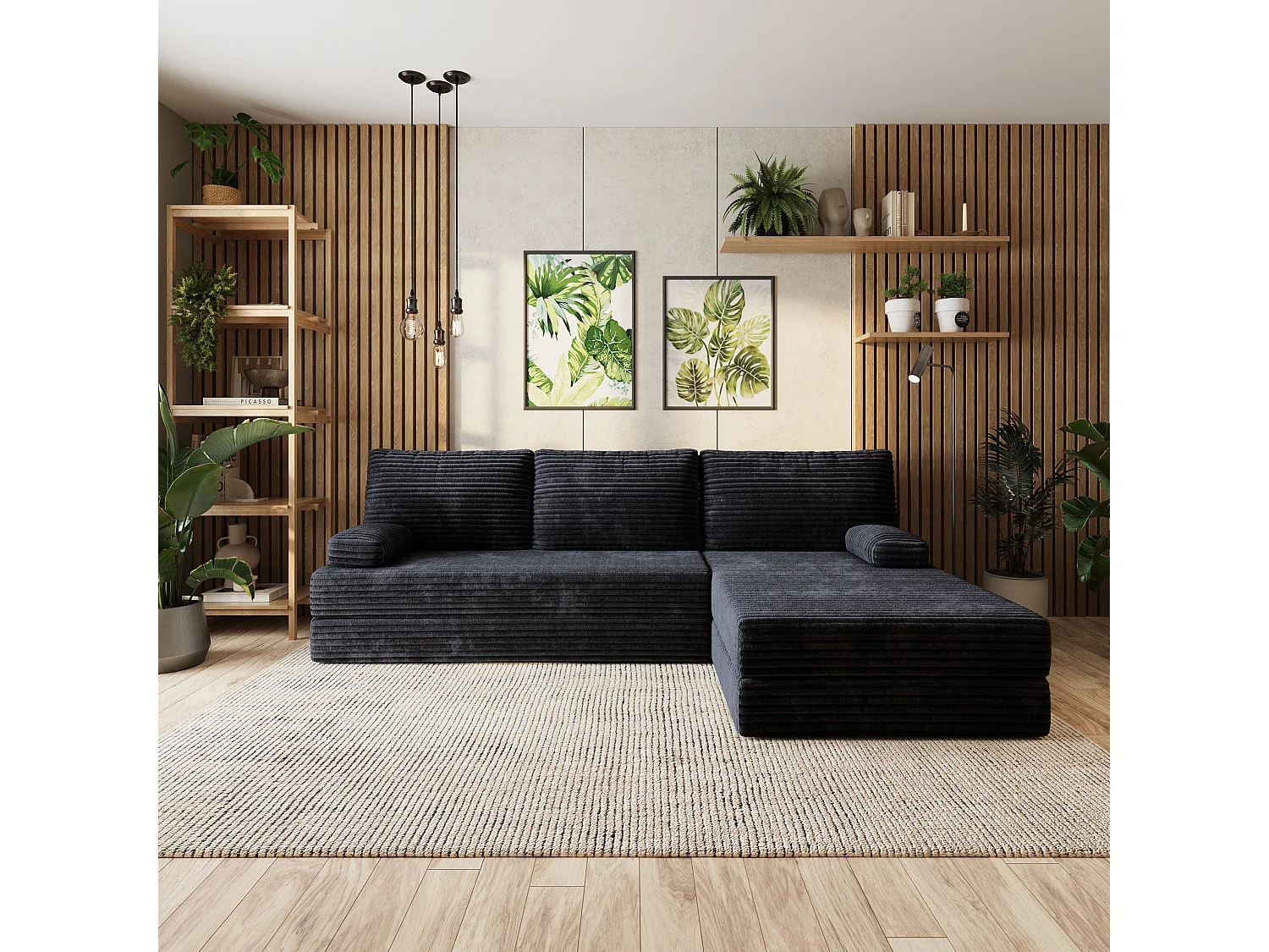 Canapé convertible compressé ANKO, sans cadre métallique, velours côtelé TILIA Noir