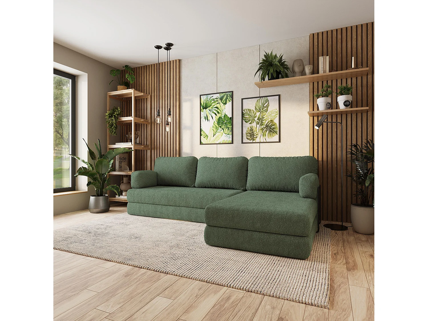 Canapé convertible compressé LEA, avec cadre métallique, bouclé Vert