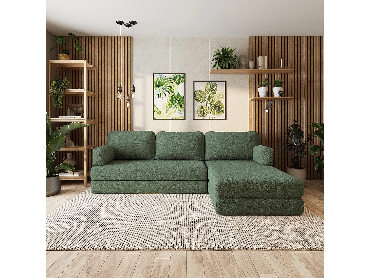 Canapé convertible compressé LEA, avec cadre métallique, bouclé Vert